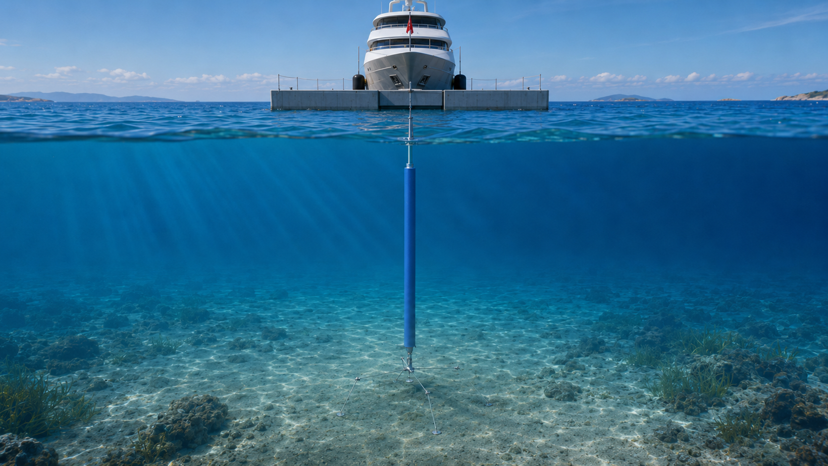 SEAFLOATECH POD beneath a yacht moored in line, with point anchors and a preserved seabed