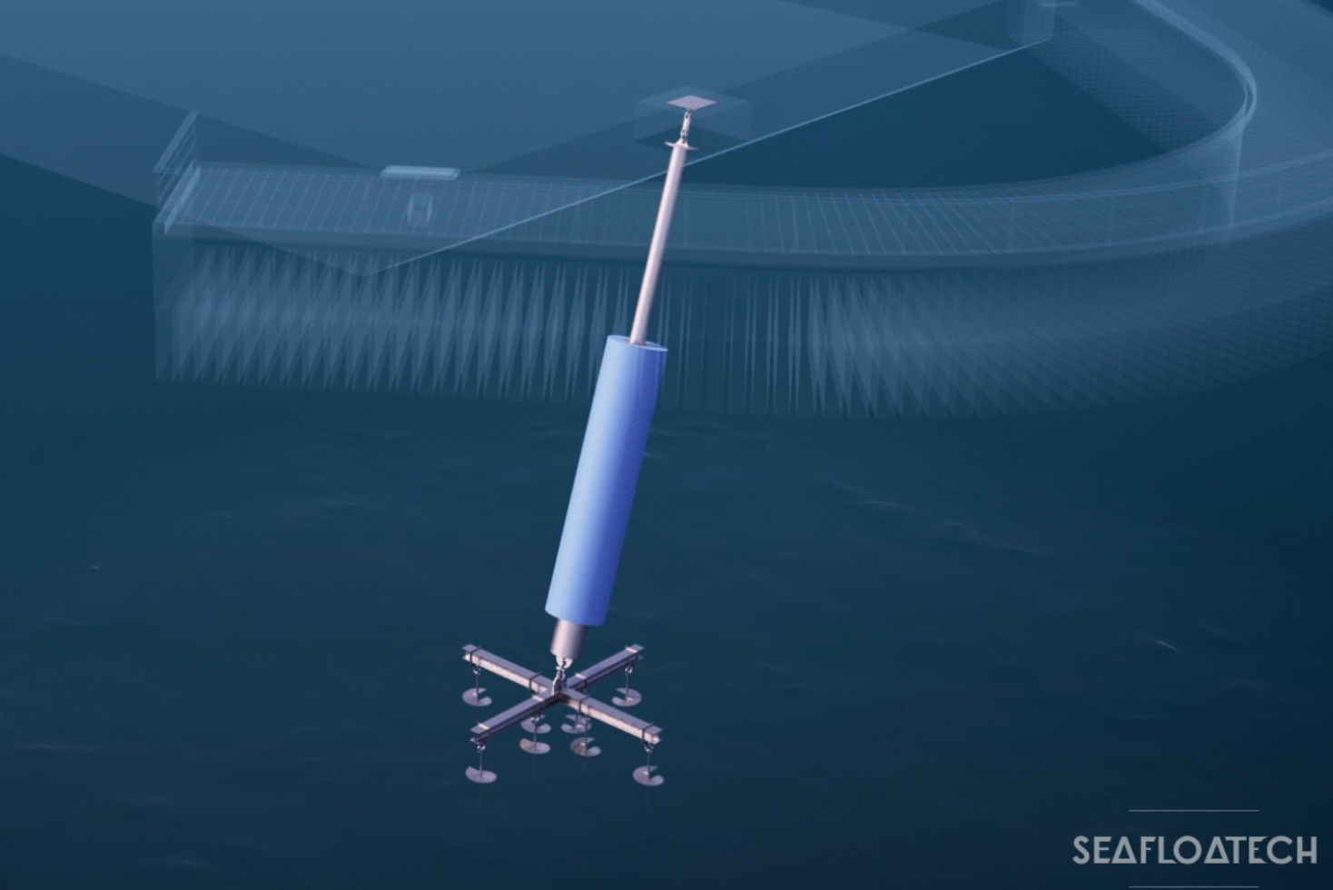 SEAFLOATECH POD® connecting a floating structure to a light, reversible seabed anchoring system